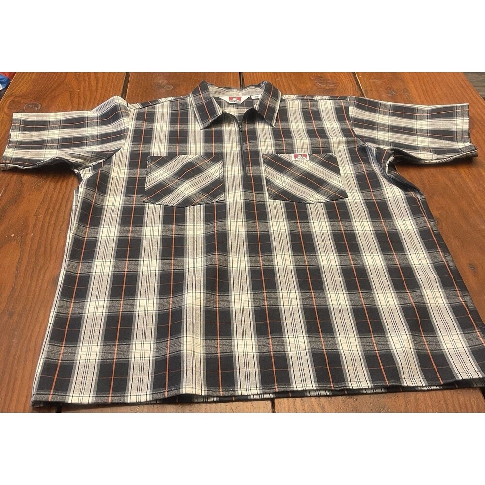Ben Davis Short Sleeve Plaid 1/2 Zip Shirt Black And Cream Plaid Men’s XL